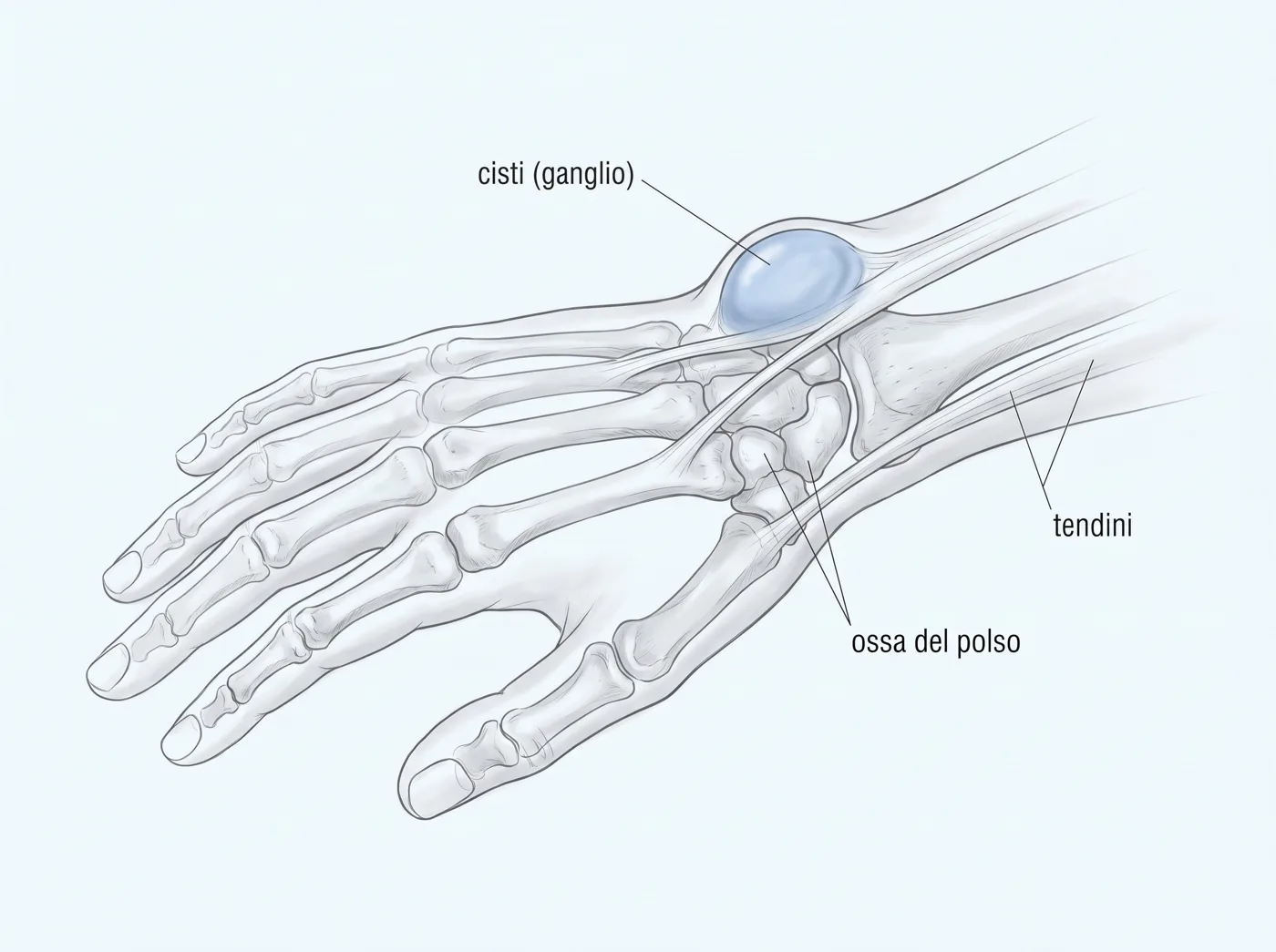 Disegno di una cisti del polso (ganglio) sul dorso del polso
