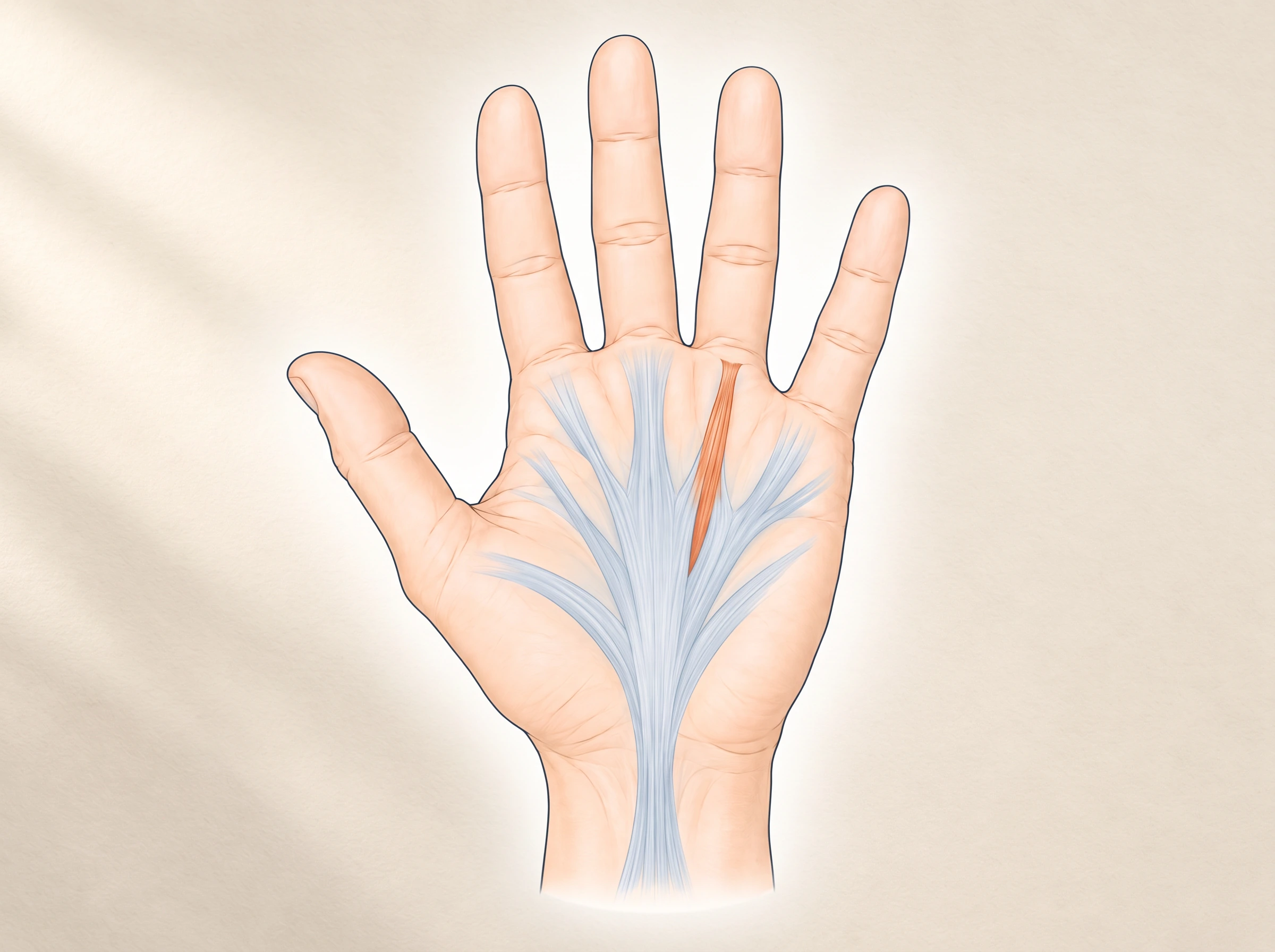 Schema illustrativo del palmo della mano destra con fascia palmare e un cordone verso l'anulare