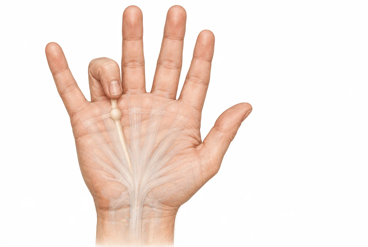 Fibromatosi palmare di Dupuytren con cordone fibroso che flette l'anulare verso il palmo