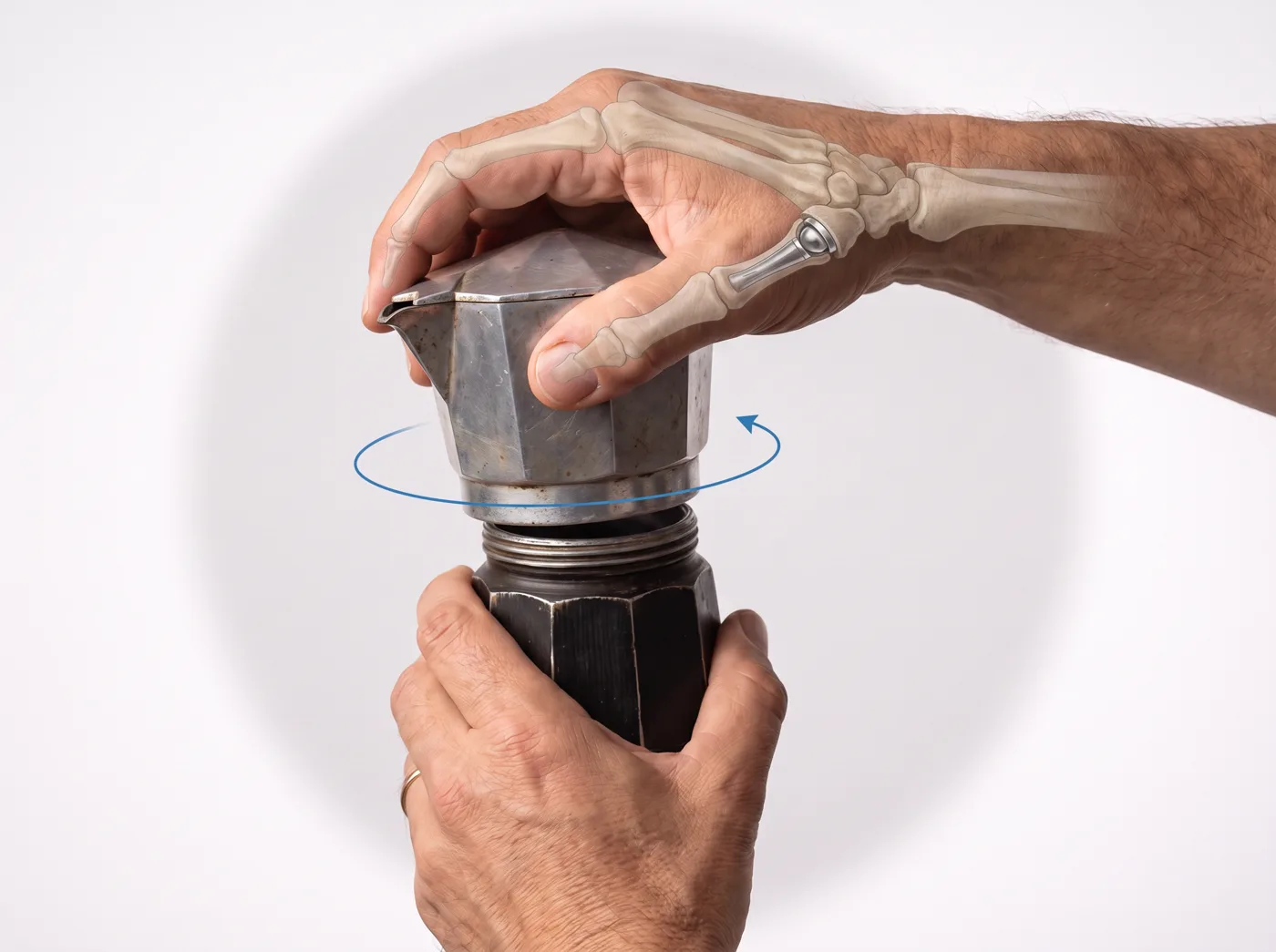 Illustrazione anatomica di una protesi trapezio-metacarpale nel gesto di aprire una moka