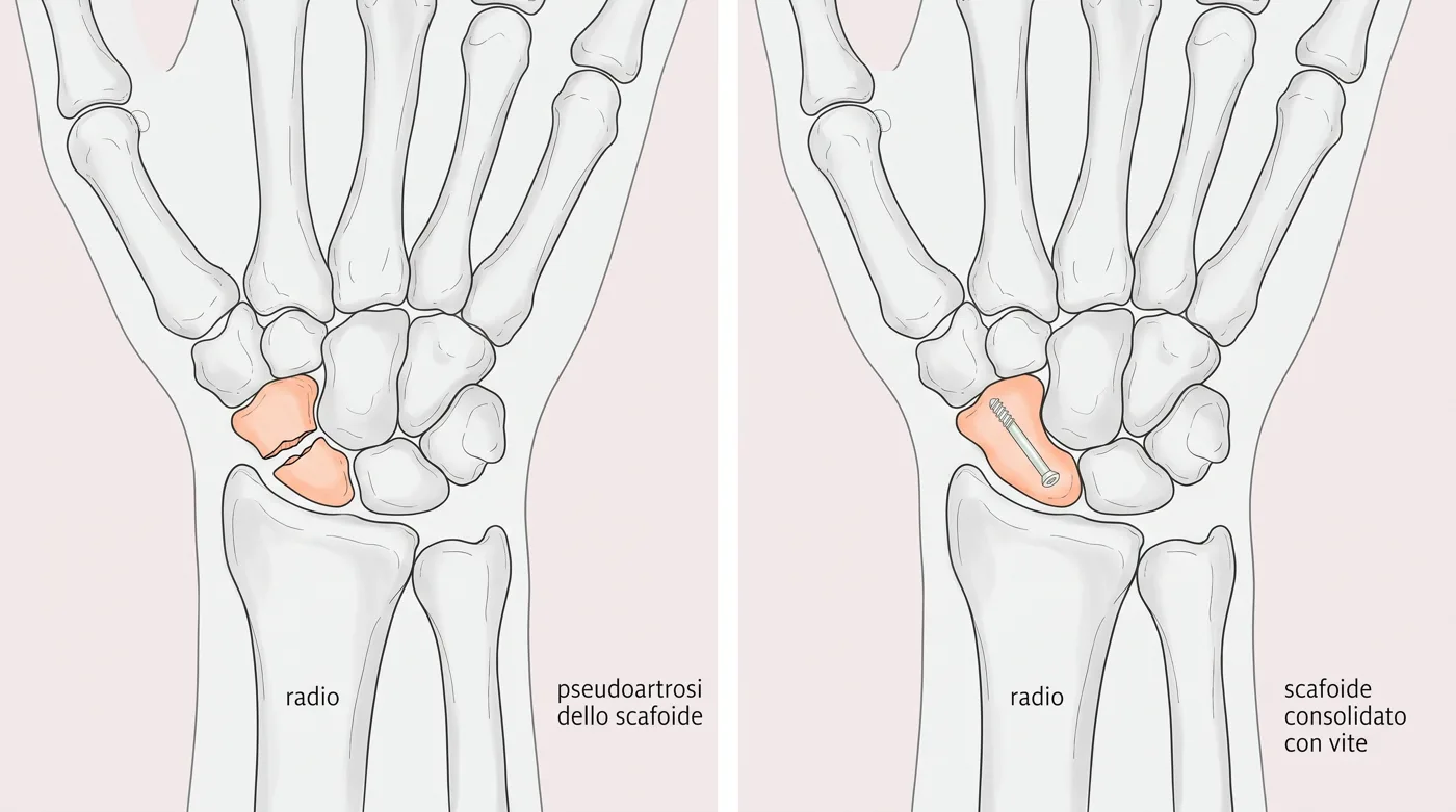 Disegno della pseudoartrosi dello scafoide e dello scafoide consolidato con vite