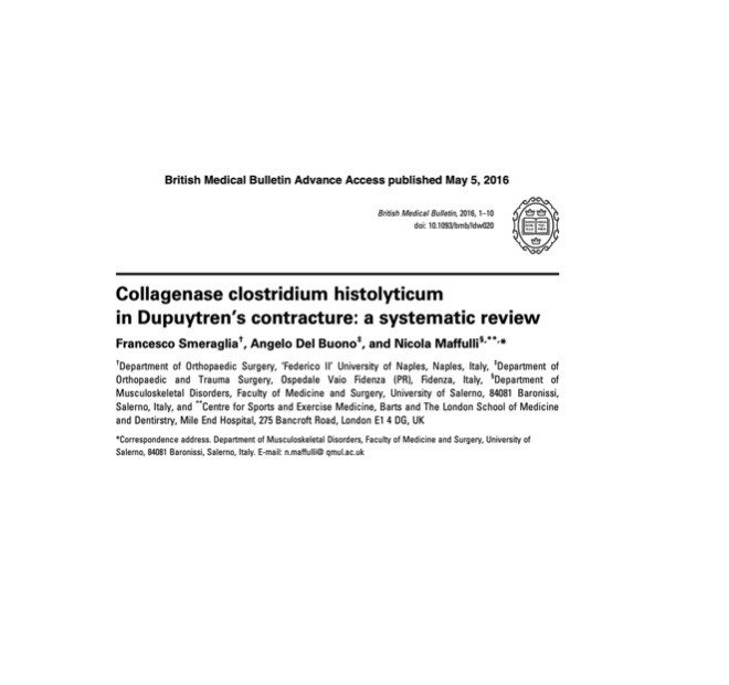 Articolo scientifico: Collagenase clostridium histolyticum in Dupuytren's contracture: a systematic review