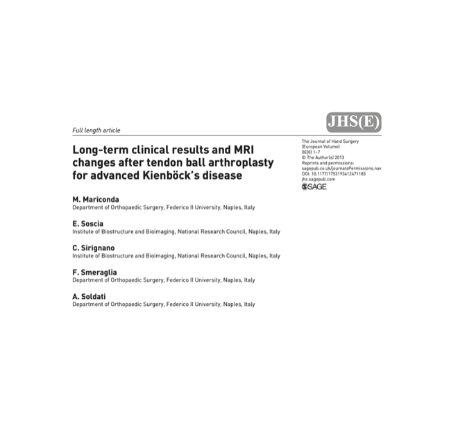 Articolo scientifico: Long-term clinical results and MRI changes after tendon ball arthroplasty for advanced Kienböck's disease