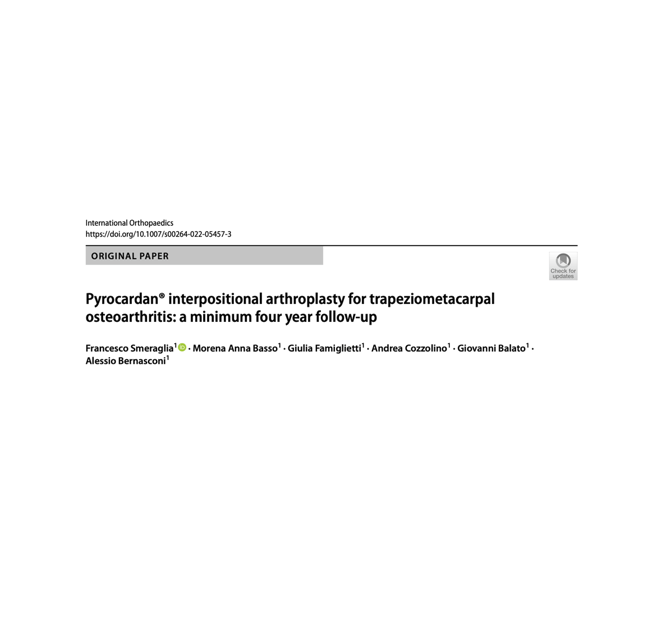 Articolo scientifico: Pyrocardan interpositional arthroplasty for trapeziometacarpal osteoarthritis, minimum four year follow-up